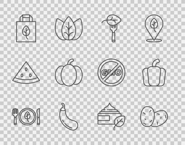 Set Linie Vegane Ernährung, Kartoffeln, Auberginen, Einkaufstasche mit Recycling, Kürbis, Bio-Kosmetik und Paprika-Symbol. Vektor — Stockvektor