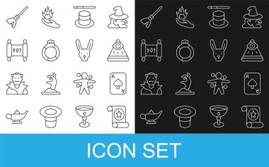 Sihirli parşömen, iskambil kağıdı, mason, şapka ve değnek taştan yüzük, cadı süpürgesi ve tavşan kulağı ikonu. Vektör