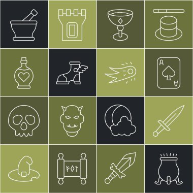 Cadı kazanı, Hançer, İskambil kağıtları, Ortaçağ kadehi, Hermes sandaleti, aşk iksiri şişesi, havan topu tokmağı ve ateş topu ikonu. Vektör