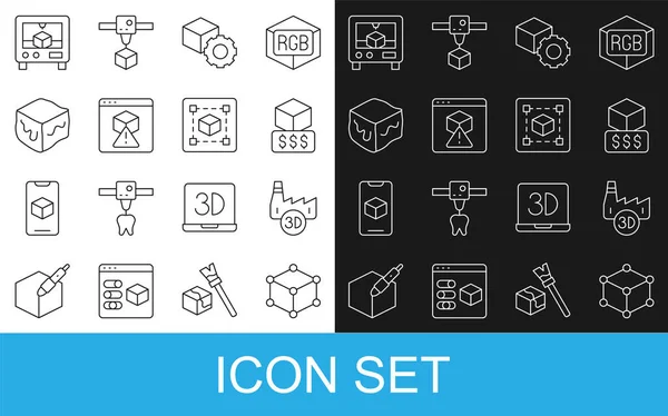 Ställ in linje Isometrisk kub, Utskrift hus industrin, 3D-skrivartjänster, och Geometrisk figur Cube ikon. Vektor — Stock vektor