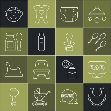Bebek önlüğü, konuşma balonu babası, sperm, bebek bezi, hamilelik testi, kaşıkla şişede yoğurt, küçük çocuk kafası ve sahte emzik ikonu. Vektör