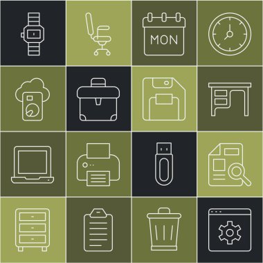 Satır Tarayıcı ayarı, grafik grafikli belge, Ofis masası, Takvim, Evrak Çantası, Bulut veritabanı, Kol saati ve Disket simgesi. Vektör