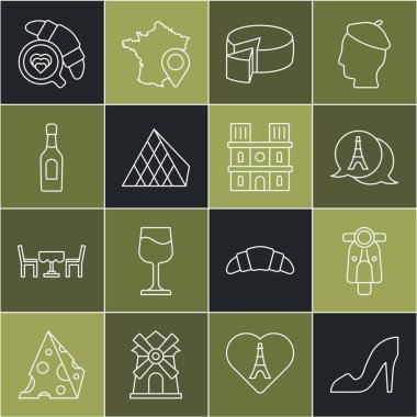 Çizgili kadın ayakkabısı, Scooter, Eyfel kulesi, Cheese, Louvre cam piramidi, şampanya şişesi, kruvasan ve Notre Dame de Paris ikonu. Vektör