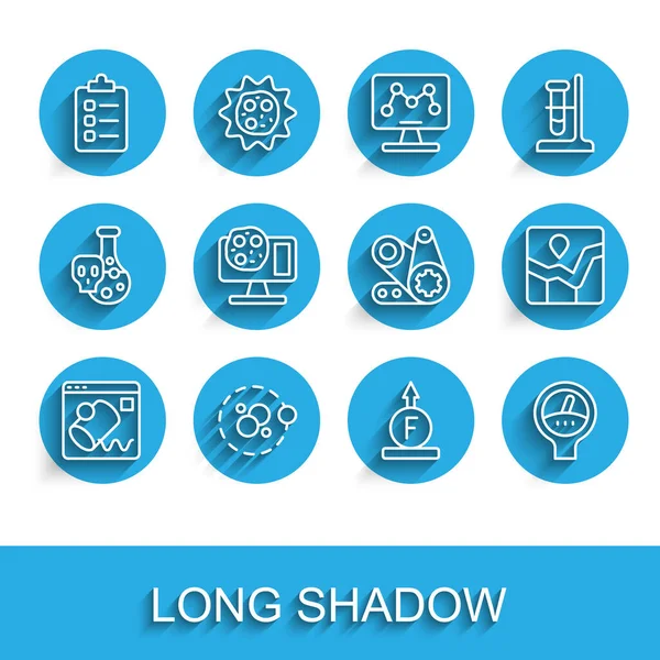 Definir linha Visualização de dados, Átomo, Para fazer lista ou planejamento, Força de fórmula física, Escala de calibre, Engenharia genética, Gráfico gráfico gráfico gráfico infográfico e Timing cinto kit ícone. Vetor — Vetor de Stock