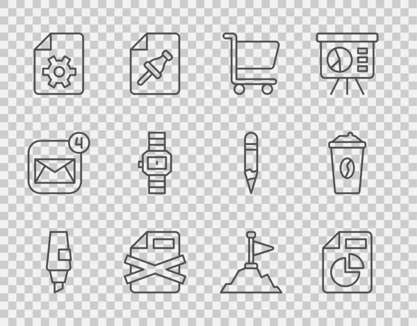 Set line Marker pen, Document with graph chart, Shopping cart, Delete file document, settings, Wrist watch, Mountains flag on top and Coffee cup go icon. Vector — Stock Vector
