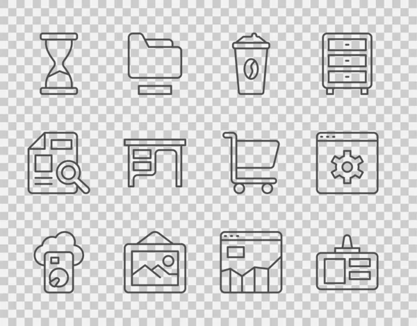 라인 클라우드 데이터베이스, 식별자 배지, 커피 컵 , Go, Picture landscape, Old hourglass, Office desk, Graph chart infographic and Browser set icon. Vector — 스톡 벡터