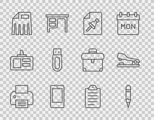 Set line Printer, Pencil, Note paper with push button, Mobile phone, Paper shridder, USB flash drive, To do list or planning and Stapler icon. Vector — 스톡 벡터