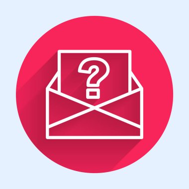Üzerinde soru işareti simgesi olan beyaz çizgi, uzun gölgeli. Soru işareti sembollü mektup. İsteği e-postayla gönder. Kırmızı daire düğmesi. Vektör