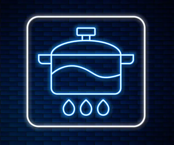 发光的霓虹灯线烹饪壶图标隔离在砖墙背景.蒸煮或炖煮食品的象征.B.病媒 — 图库矢量图片