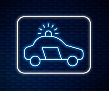 Parlak neon çizgili polis arabası ve polis teşhircisi ikonu tuğla duvar arkasında izole edilmiş. Acil durum sireni. Vektör