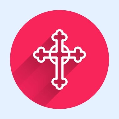 Beyaz çizgi Hristiyan haç simgesi uzun gölgeli izole. Kilise haçı. Kırmızı daire düğmesi. Vektör