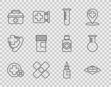 Cross hastanesi sağlık, ilaç hapı veya tablet, test tüpü ve matara çapraz bandaj, ilk yardım çantası, şişe burun spreyi ve ikon. Vektör