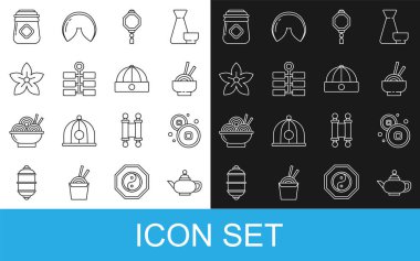 Çin çay seremonisi, Yuan parası, Asya erişte kasesi, kağıt fener, havai fişek, nilüfer çiçeği, kavanoz bal ve şapka ikonu. Vektör