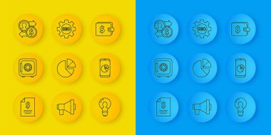 Sözleşme parası, kasa, pasta grafiği bilgisi, fikir konsepti olan ampul, cep telefonu, iş tanıtım değişimi, cüzdan doları ve Seo marka dişli ikonu. Vektör