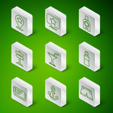 Halat yüzme şortu, Anchor, yıldız haritası, martini bardağı, trafik levhası, seyahat bileti ve bir şişe su ikonu. Vektör