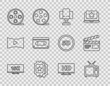 16k, Retro, yönetmen koltuğu, sinema bileti, film makarası, VHS video kaset, akıllı ekran HD ve film alkışlayıcı ikonu ile çizgi ekran TV 'yi ayarla. Vektör