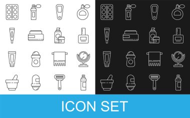 Parfüm, yuvarlak makyaj aynası, tırnak cilası şişesi, el kremi losyonu kozmetik tüp, göz farı paleti ve ikon. Vektör