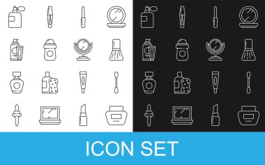 Krem veya losyon kozmetik tüpü, kulak için pamuk çubuğu, makyaj fırçası, tırnak törpüsü, terleme önleyici deodorant rulosu, parfüm ve yuvarlak makyaj aynası ikonu. Vektör