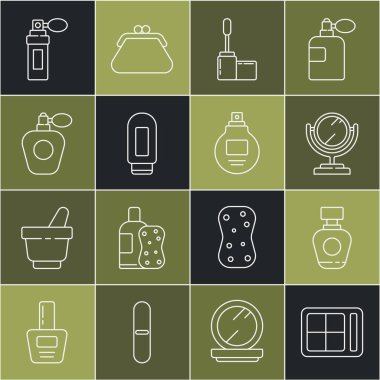 Göz farı paleti, parfüm, yuvarlak makyaj aynası, Mascara fırçası, krem losyon kozmetik tüpü ve ikon. Vektör