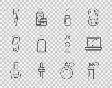 Tırnak cilası şişesi, parfüm, ruj, Pipette, krem ya da losyon kozmetik tüpü, şampuan şişesi ve ayna ikonlu makyaj tozu. Vektör