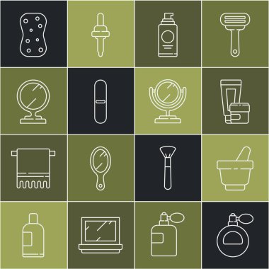 Parfüm, havan topuzu, krem losyon kozmetik tüpü, saç spreyi spreyi, tırnak törpüsü, yuvarlak makyaj aynası, köpüklü ve ikonlu sünger. Vektör