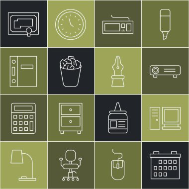 Satır Calendar, Bilgisayar monitörü, Film, medya projektörü, Klavye, Tam çöp kutusu, Ofis dizinleri, Sertifika şablonu ve Çeşme ucu simgesi ayarla. Vektör