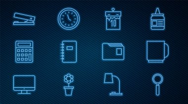 Çizgi büyüteç, kahve fincanı, takvim, Spiral defter, hesap makinesi, ofis zımbası, belge klasörü ve saat simgesi. Vektör