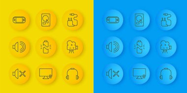 Hat hoparlörü, sesi, bozuk pil, kulaklık, Retro sinema kamerası, taşınabilir video oyun konsolu, şarj aleti ve sabit disk sürücüsü HDD simgesi ayarla. Vektör