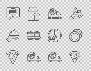 Dilimlenmiş pizza, internetten sipariş teslimatı, arabayla hızlı servis, ve paket kahve fincanı, ve tabak ikonu. Vektör