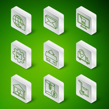 Hat el arabası ve kutular, dolar sembollü zarf, dünya çapında nakliye, karton karton, vites kutusu, depo ve teslimat ikonu. Vektör