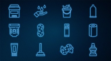 Ağız gargarası şişesi, kağıt havlu rulosu, sabun köpüklü kova, Sünger, Epilatör, terleme önleyici deodorant, tıraş jeli köpüğü ve el yıkama ikonu. Vektör