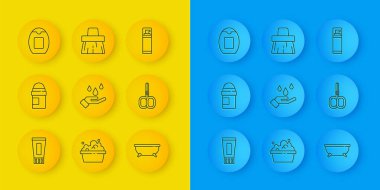 Diş macunu tüpü, terleme önleyici rulo, sabunla ellerini yıkama, küvet, tırnak makası, şişe şampuanı, tıraş jeli köpüğü ve süpürge ikonu. Vektör