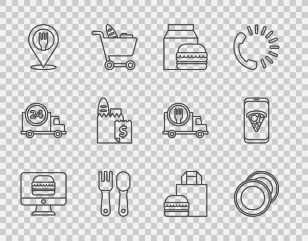 在线订餐和送货 汉堡包 叉子勺 咖啡店位置 和食物披萨图标 — 图库矢量图片