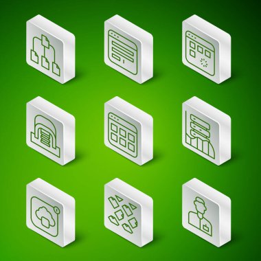 Satır Analizcisi, Data stream, Dizin ağacı, Tarayıcı dosyaları, Sunucu, pencere, Bulut teknolojisi veri transferi ve Sunucu, Data, Web Sunucu simgesi ile Hangar ayarlayın. Vektör