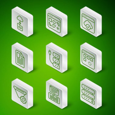 Satır Sunucusu, Data, Web Sunucusu, Bulut teknolojisi veri transferi, Dosya belgesi, Farklı dosyalar, Filtre ayarı ve pencere simgesi yükleme ayarlarını ayarla. Vektör