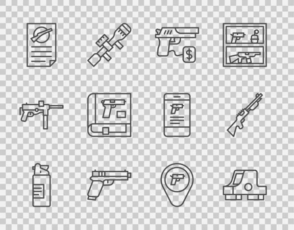 Definir Linha Garrafa Óleo Armas Visão Collimator Pistola Compra Arma — Vetor de Stock