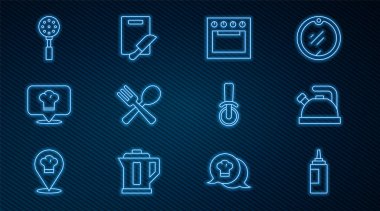 Sos şişesi, fırın, çapraz çatal kaşığı, şef şapkası konumu, Spatula, pizza bıçağı ve kesme tahtası ikonu. Vektör