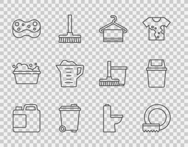 Temizlik acentesi, bulaşık yıkama, havluyu askıya asma, çöp tenekesi, sünger, pudra, klozet ve ikon için dizayn hattı. Vektör