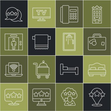 Beşinci sıra değerlendirmesi, otel odası yatağı, bavul, telefon ahizesi, havlu askısı, kaldırma ve duş kabini ikonu. Vektör