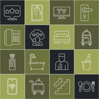 Tabak, çatal ve bıçak, buz kovasında şampanya, akıllı televizyon, beş yıldızlı değerlendirme, telefon ahizesi ve otel odası yatak ikonu. Vektör
