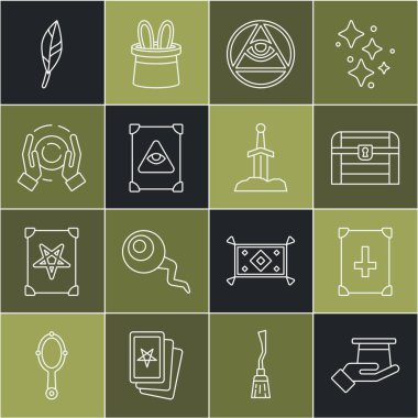 Sıraya dizilmiş sihirbaz şapkası, Kadim büyü kitabı, antik hazine sandığı, Masonlar, top, tüy ve kılıç taşı ikonu. Vektör