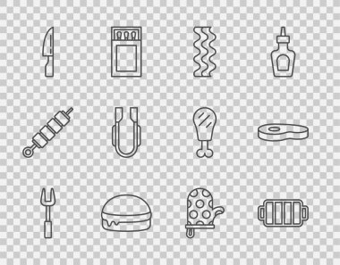 Barbekü çatalı, ızgara, pastırma şeridi, hamburger, bıçak, et maşası, fırın eldiveni ve et ikonu. Vektör