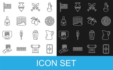 Yunan kalkanı, bir şişe zeytinyağı, Minotaur labirenti, çapraz ortaçağ kılıcı, Antik kolon, miğfer, Yunanistan ulusal bayrağı ve zeytin dalı simgesi. Vektör