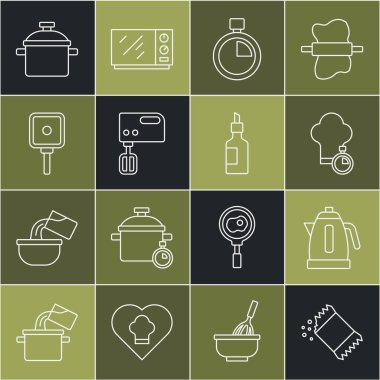 Biber paketi, elektrikli su ısıtıcısı, şef şapkası, Kronometre, mikser, kızartma tavası, tencere ve şişe zeytinyağı ikonu. Vektör