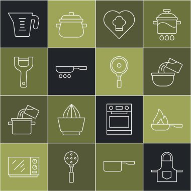Mutfak önlüğü, kızartma tavası, tencere, şef şapkası, sebze soyacağı, ölçü kabı ve ikon. Vektör