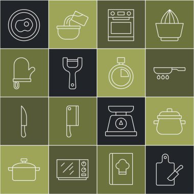 Halat kesme tahtası ve bıçak, pişirme kabı, kızartma tavası, fırın, sebze soyacağı, eldiven, çırpılmış yumurta ve Stopwatch ikonu. Vektör