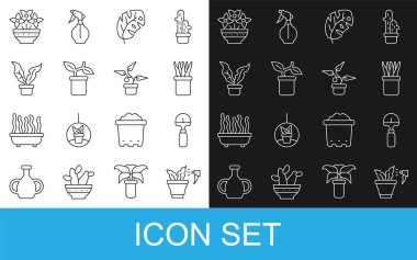 Sprey bitkisi, kürek, saksı, tropik yapraklar, çiçek vazosu ve ikon. Vektör