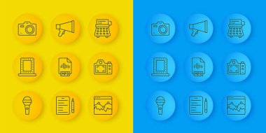 Hattı ayarla Mikrofon, Işıklı makyaj aynası, MP3 dosya belgesi, Müzik dalgası eşitleyici, Fotoğraf makinesi, Retro daktilo ve Megaphone simgesi. Vektör