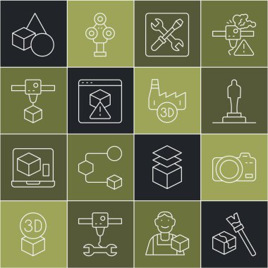 Satır Isometric küp, foto kamera, 3D yazıcı modeli, ayar, temel geometrik şekiller ve matbaa sanayi ikonu. Vektör