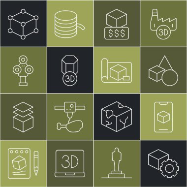 Mühendislik simgesi için çizgi Isometric küp, 3D yazıcı yazılımı, temel geometrik şekiller, hizmetler, tarayıcı ve grafik kağıdı ayarla. Vektör